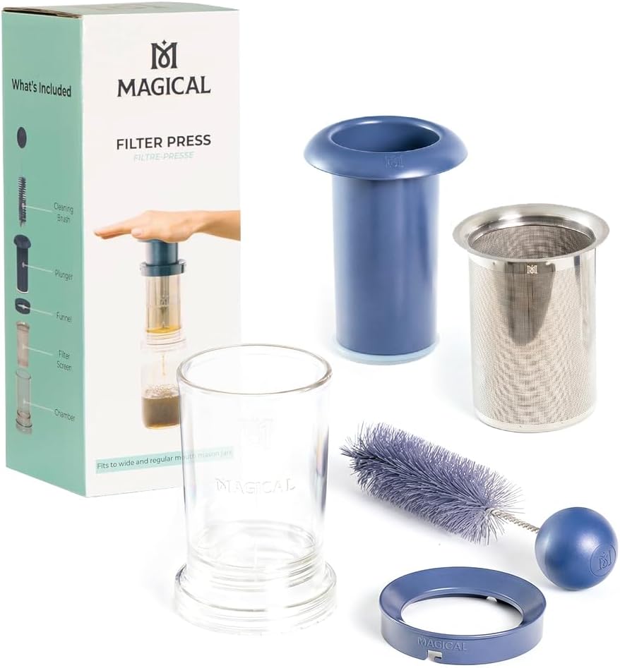 Magical Butter Filter Press Strainer Kit for Infusions - Mess-Free System Fits Any Mason Jars Includes Cleaning Brush, Filter Mesh, Plunger - for Butter, Oil, Tea, Coffee, Tincture