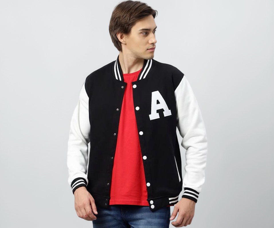 BE SAVAGE Men's Cotton Blend Varsity Jacket Black Large - Image 1