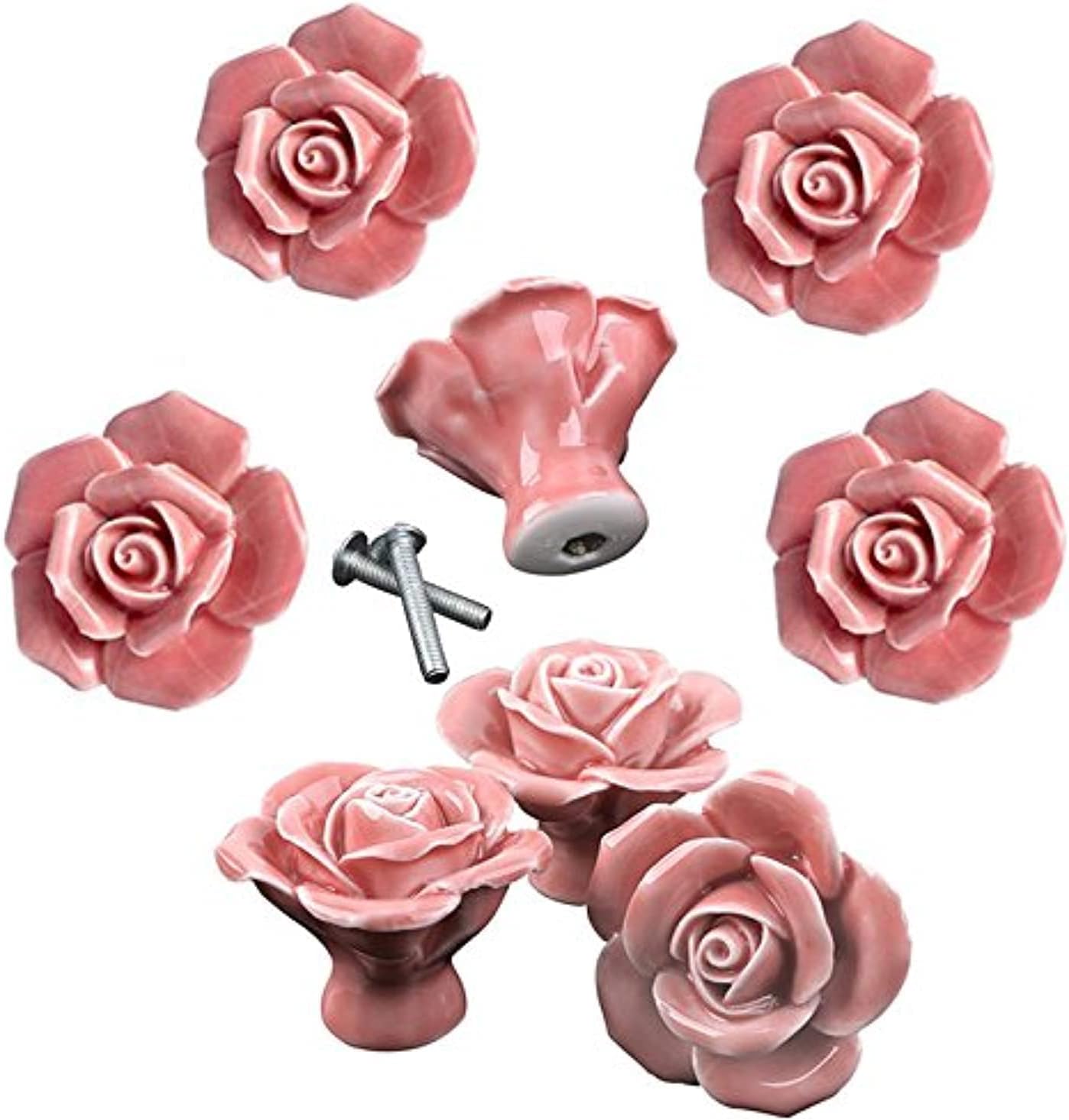 DLD Knobs — 8 Pieces Elegant Pink Rose Pulls — Flower Ceramic Cabinet Knobs — Cupboard Drawer Pull Handles + Screws