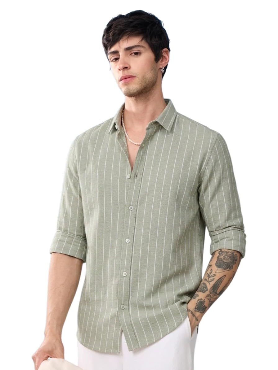 Belpatra Men's Green Striped Casual Shirt Light Green - Image 1