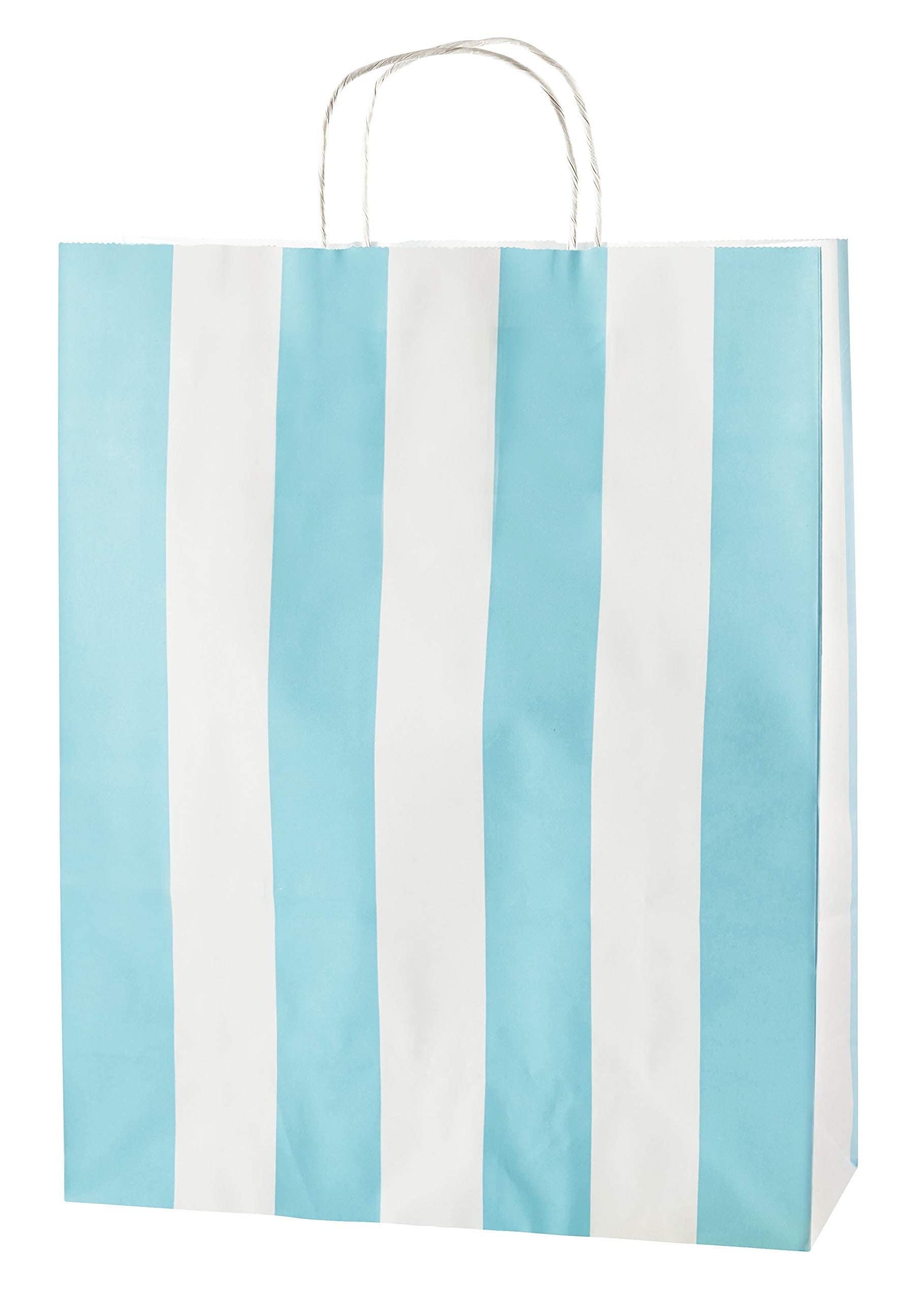 Thepaperbagstore 200 Light Blue/White Stripe Paper Bags With Handles - Colourful Paper Gift Bags for Adults and Kids - Paper Carrier Bags for Shopping, Party, Birthdays and Weddings 32x12x41cm