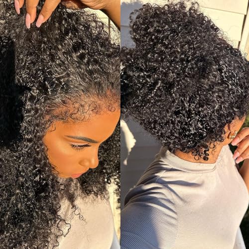 Carrotor 4C Curly Edges Deep Curly 360 Lace Front Wigs Human Hair 180% Density Glueless Pre Plucked Bleached Knots 360 Kinky Curly Lace Front Wig Human Hair With 4C Edges (14inch)