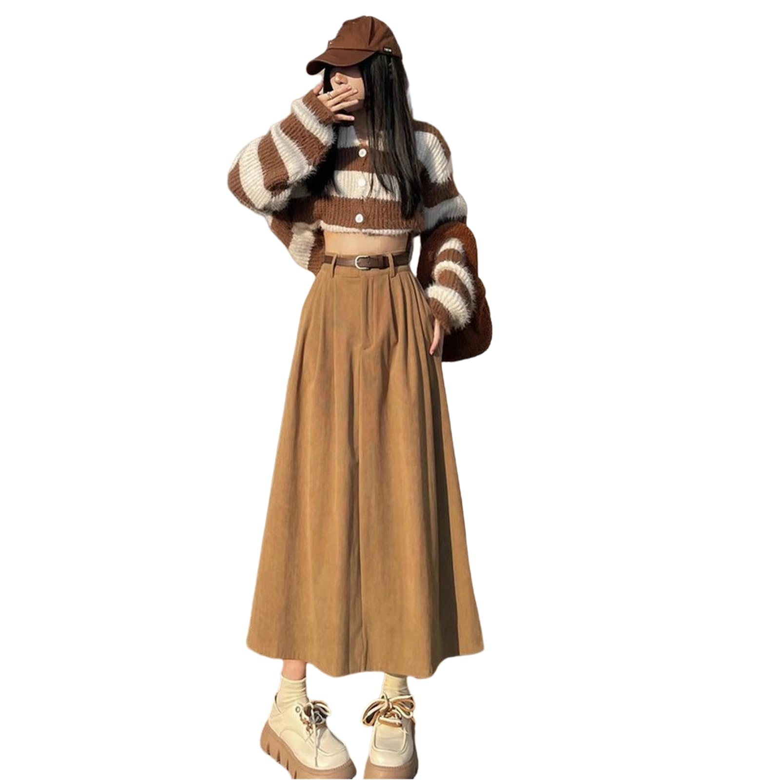 Röcke Cordrock Für Frauen Herbst Und Winter Neuer Hoher Taille Langer Retro-hip-hip-bedeckender A-line-Rock Mit Gürtel-schwarz-s