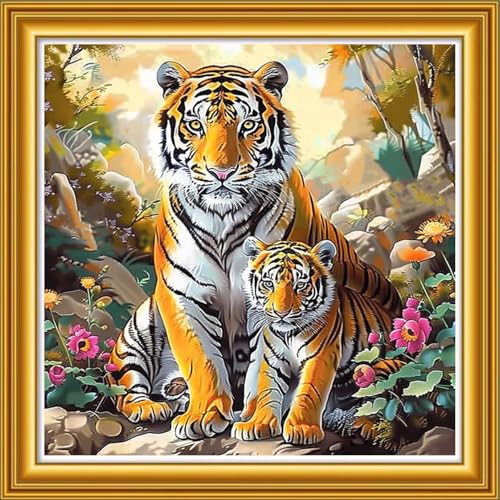 Image of Dooxvey Counted Cross Stitch Kits for Adults 11CT Printed Cross-Stitch Patterns Cross Stitching Embroidery Kit Stamped or Counted Needlepoint Kits-Two Tigers in the Forest 18x18 inch