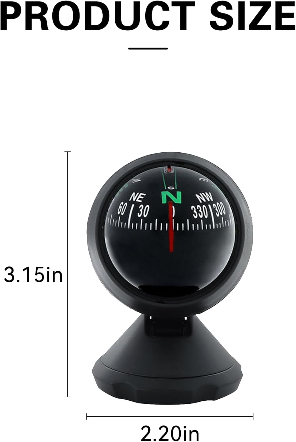 Car Compass Ball, Dash Mount Adjustable Compass Ball with Bottom Stick, Navigation Hiking Direction Pointing Guide Ball for Boat Car Truck Marine Caravan to Find Direction (Black)