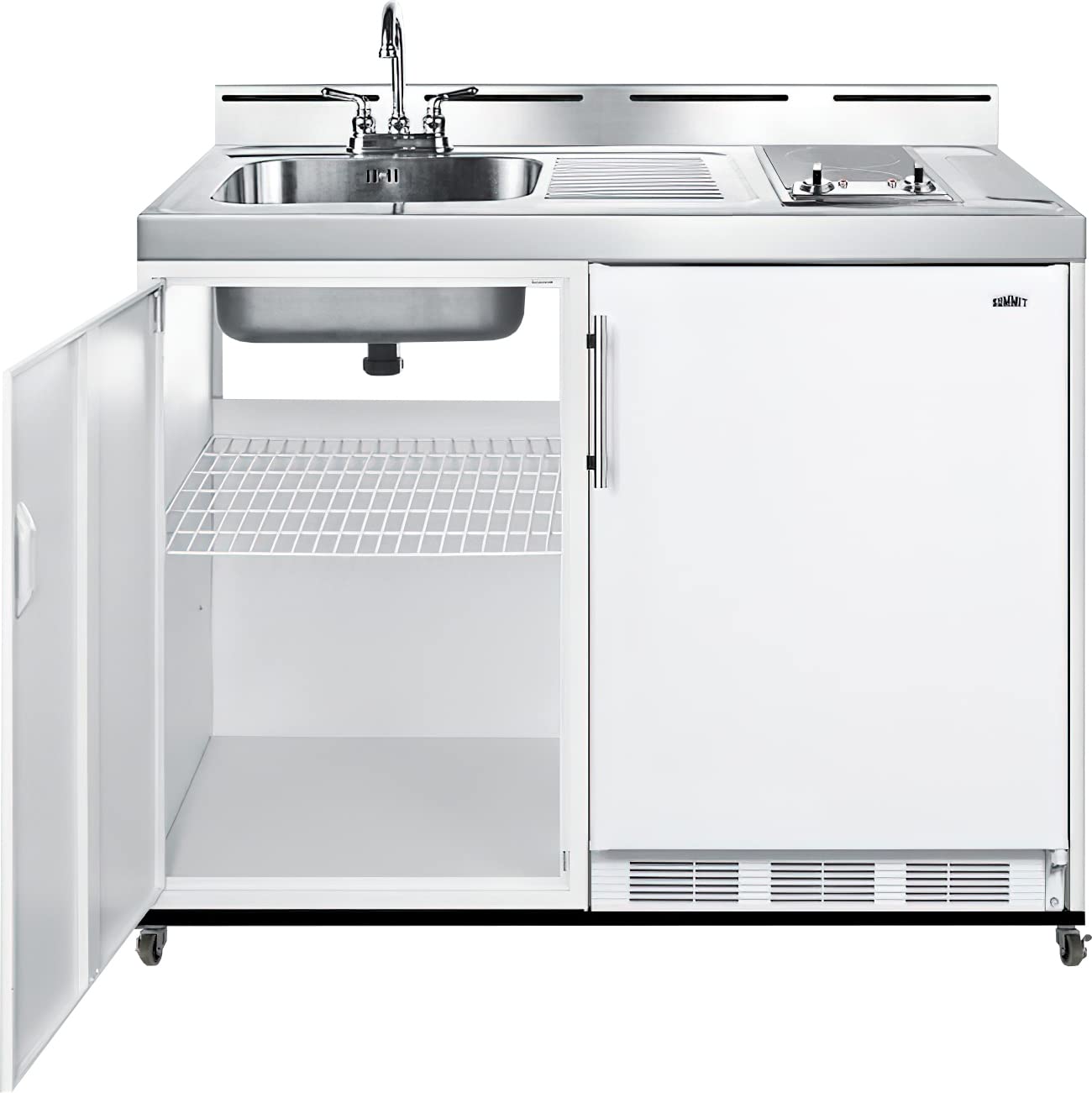 Summit 48" Mobile All-In-One Kitchenette, Refrigerator-Freezer, 2-Burner Smoothtop Cooktop, Water Jug Sink, And Storage, White- C48elglasspumpmb on Fridge.com - View 2