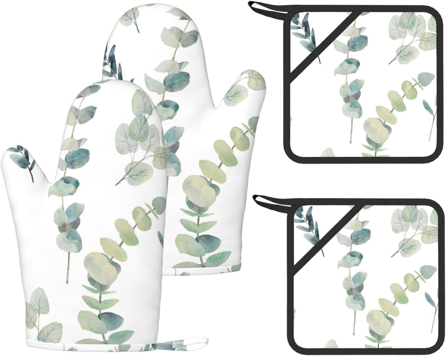 White Natural Greenery Twig Oven Mitts and Pot Holders Set of 4 Heat Resistant Kitchen Gloves with Silicone Palm Hot Pads for Baking Cooking Grilling BBQ