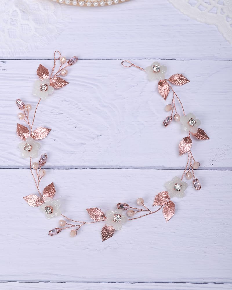 Haarband mit rosegoldenem Blatt und weißer Blume, für Hochzeit, Braut, Brautjungfer, handgefertigtes Stirnband, Haar-Accessoires