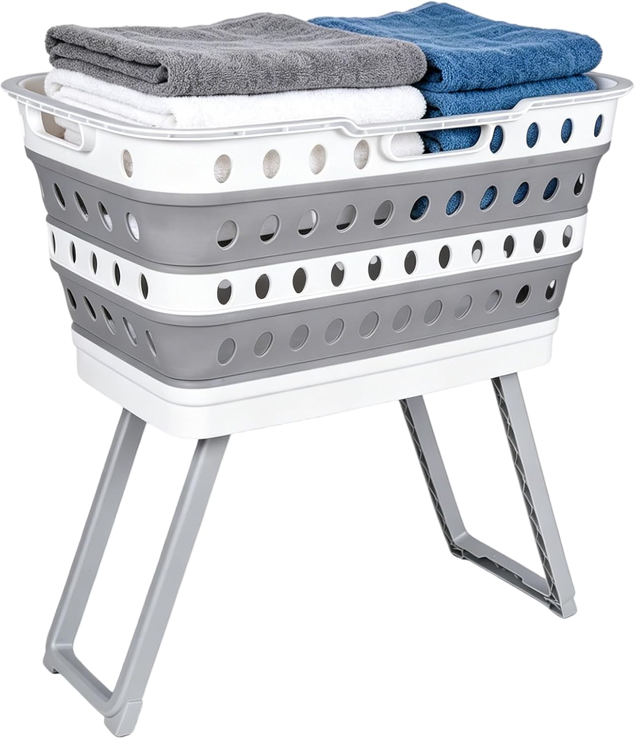 Collapsible Laundry Basket with Legs, Plastic Laundry Hamper, 11 Gal, Gray | Elevated Back-Saving Height; Foldable Ultra-Slim Space-Saving; for Bathroom & Utility Room