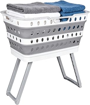 Collapsible Laundry Basket with Legs, Plastic Laundry Hamper, 11 Gal, Gray | Elevated Back-Saving Height; Foldable Ultra-Slim Space-Saving; for Bathroom & Utility Room