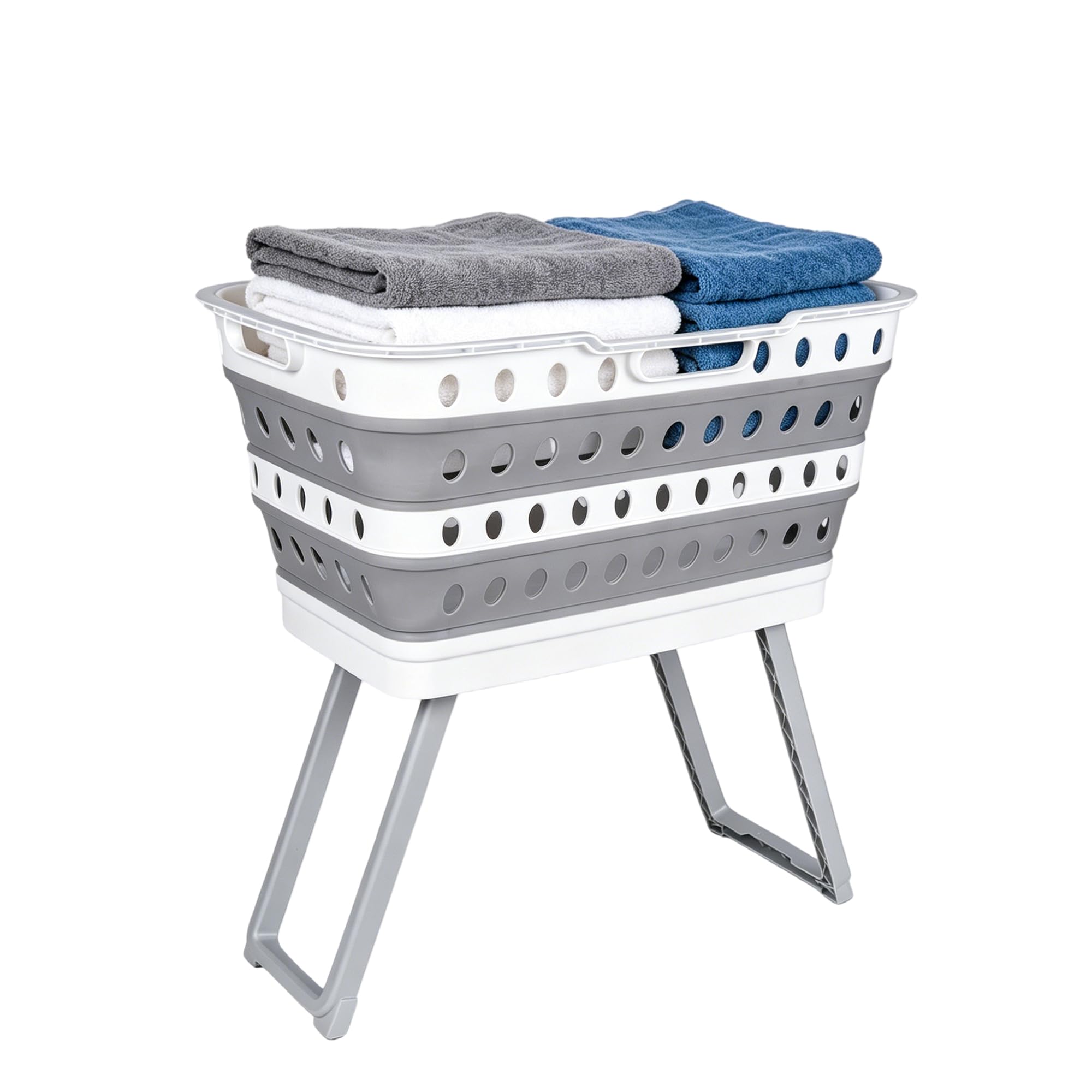 43L Washing Basket with Legs, Collapsible Laundry Basket with Stand and Integrated Carry Handles, Back-Saving Space-Saving Design for Bathroom, Utility Room, Grey