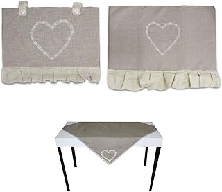 Russo Tessuti Set Copriforno Coprifornello Runner Centrotavola Cuore Ricamato Beige-Set Centro