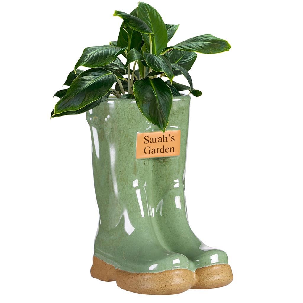 Dibor Ceramic Wellington Boot Plant Pot Indoor/Outdoor Plant Pot Herb Seedling Bulb Flower Pot Planter withCustom Personalised Engraved Plaque Gardening Gift (Green)