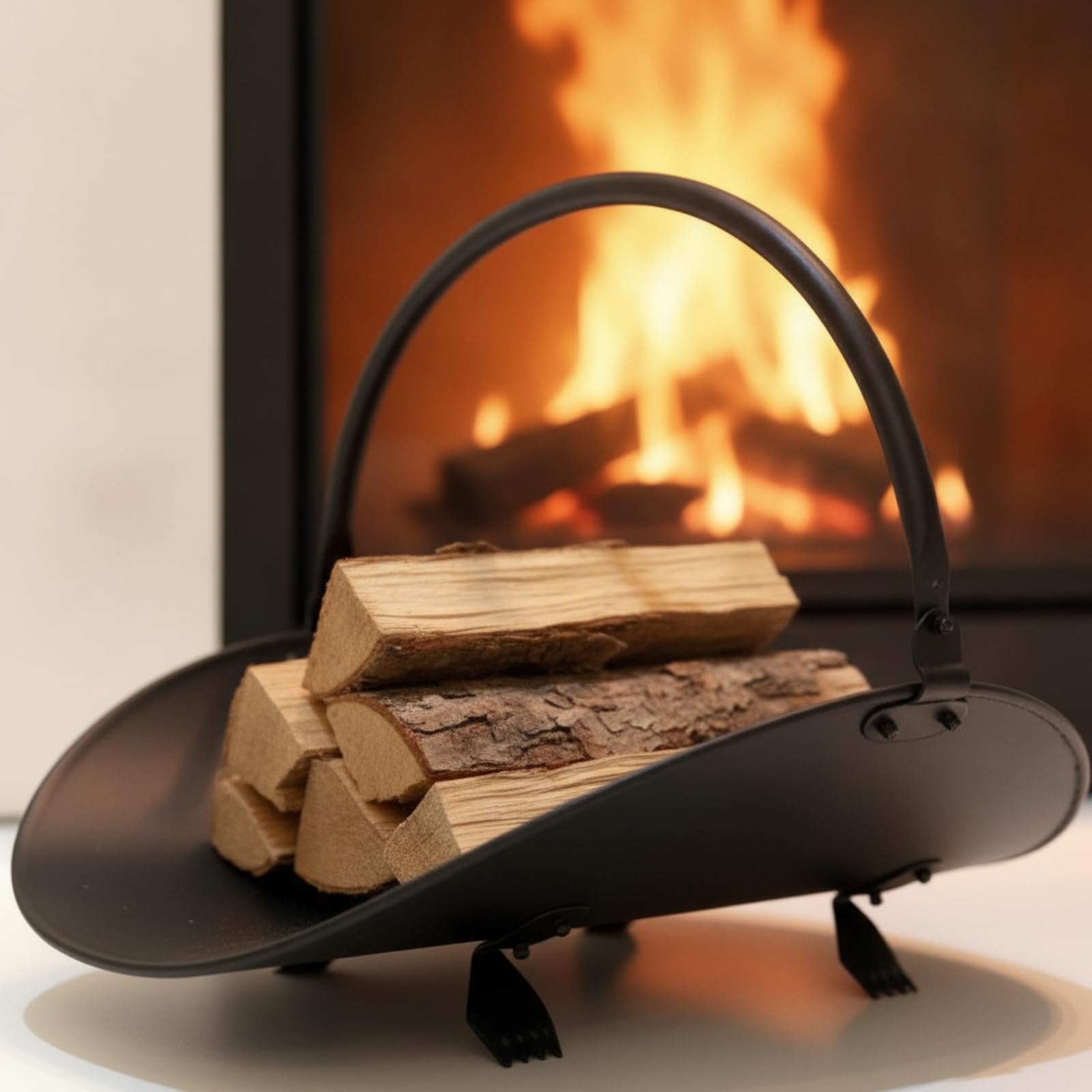 Estante para Leña Soporte Leñero Portátil Organizador Revistero con Asa de Hierro Negro sin Montaje Base Curva Elevada Antideslizante Adecuado para Chimenea Interior Sala de Estar