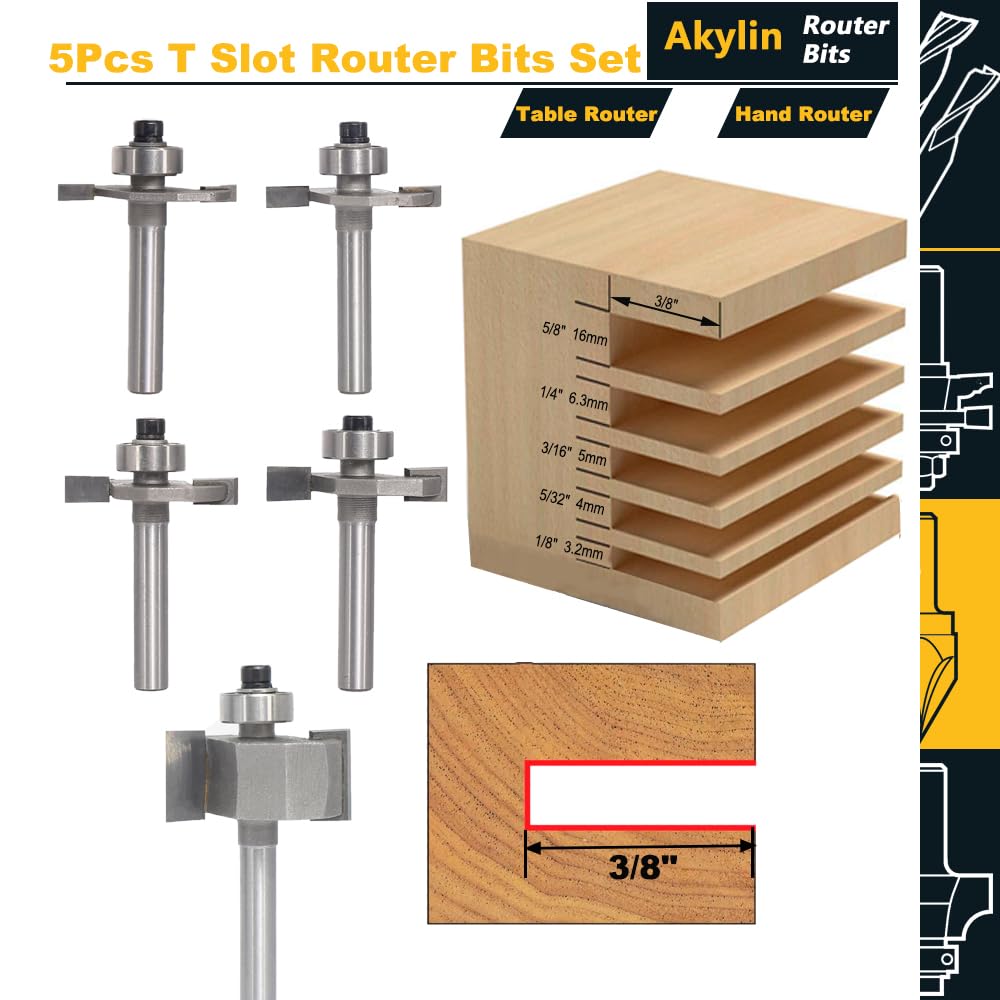 5Pcs T Slot Router Bit Set,1/4" Shank,Cutting Height 1/8",5/32",3/16",1/4" and 5/8",3/8" Deep T Trark Bit with Bearing,T-Slotting Cutter for Plywood Slotting,Grooving,Rebating