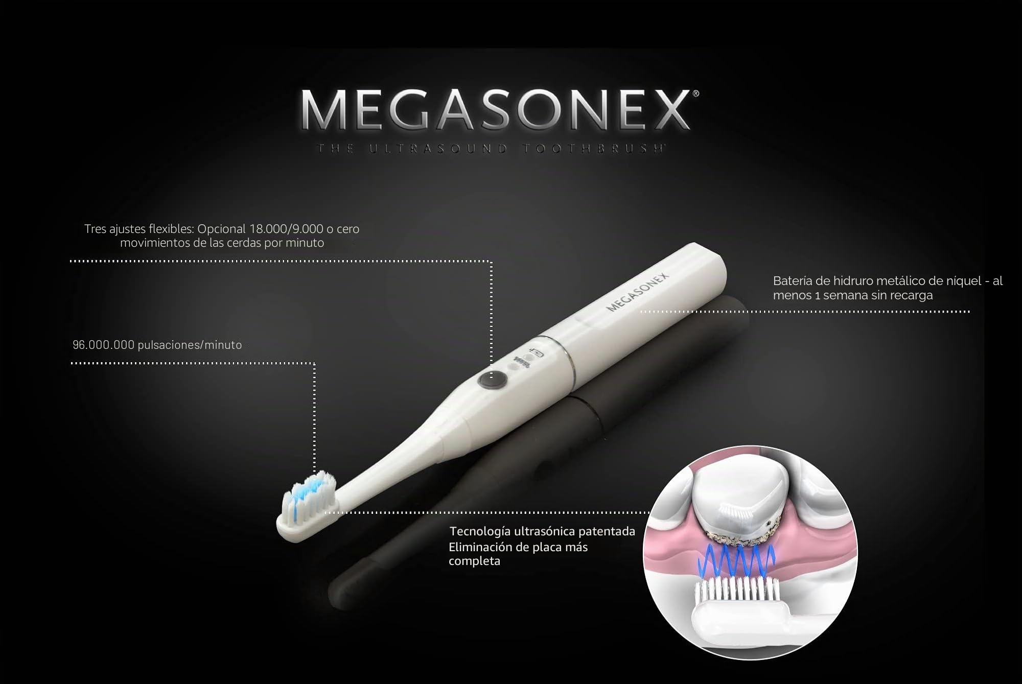 MEGASONEX Cepillo de dientes ultrasónico M8, con 2 niveles de vibración, cepillo de dientes blanco con 2 cabezales medianos