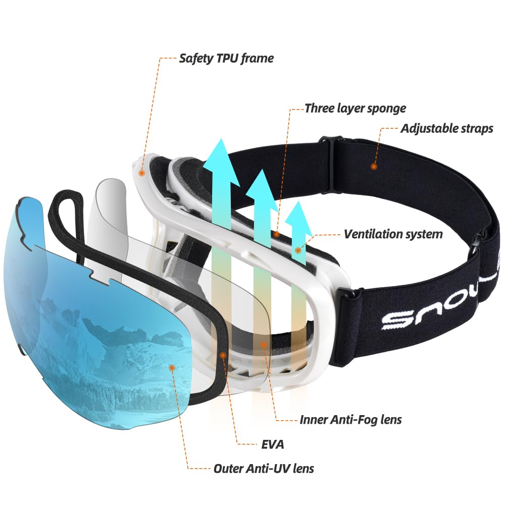 Occhiali da sci sopra gli occhiali, occhiali da sci, snowboard, motoslitta, per uomini e donne, adulti, anti appannamento, 100% protezione UV