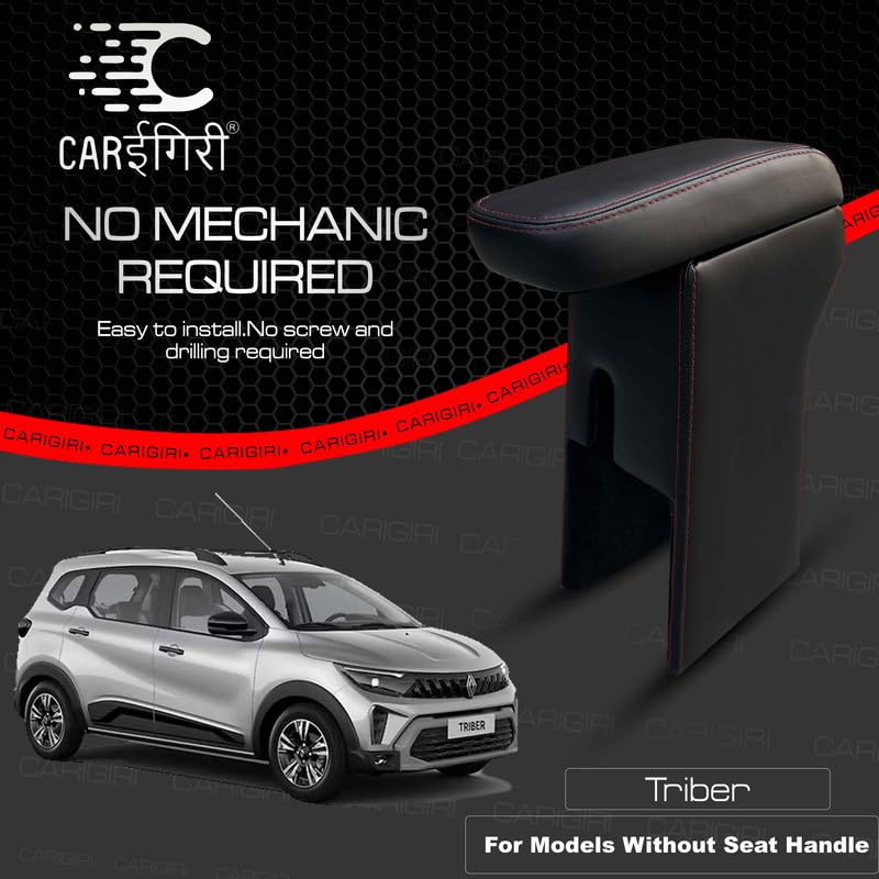 Image of Carigiri Premium Finish Car Armrest with Storage Box And High Density Moulded Foam For Renault Triber (All Models,Nappa Leatherette)(Models- 2025) (Without One-Touch Lock, Red Seam)