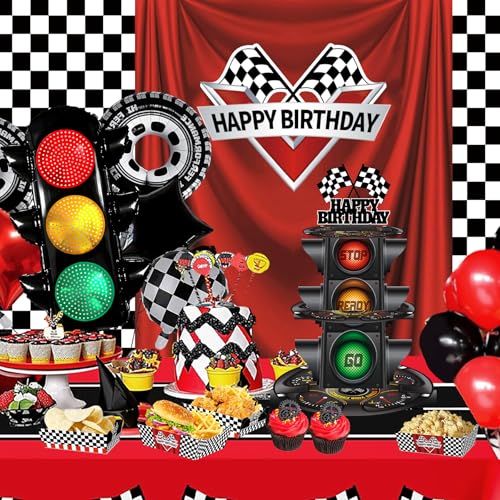 Image of 7Pcs Race Car Party Balloon Set, Traffic Light, Checkered Balloons, Tire Balloons, Race Car Themed Fast One Two Fast Birthday Party Decorations