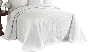King Charles Modern Farmhouse Floral Matelasse Bedspread, 100% Cotton Breathable Bedding, Full/Queen, White