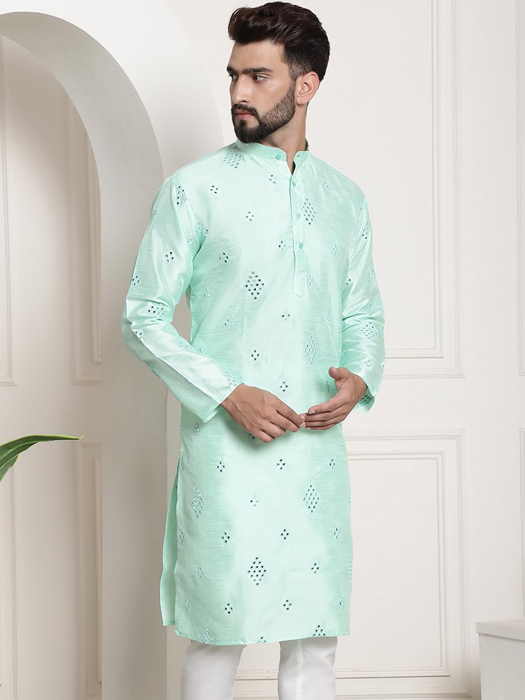 Sojanya (Since 1958 Men's Silk Blend Mirror Work Sea Green Only Long Kurta
