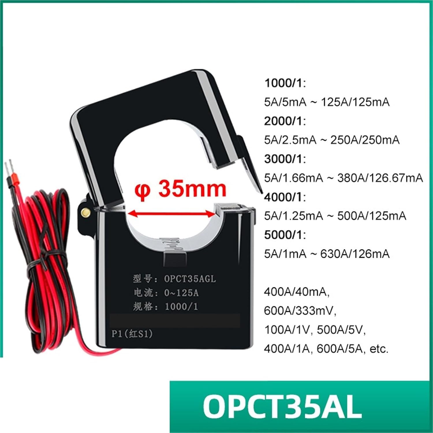 OPCT35AGL Clamp Current Transformer AC 0~630A 100A 200A 300A 400A 500A 600A Split Core CT Sensor 1Pcs(OPCT35AGL 500A-40mA)
