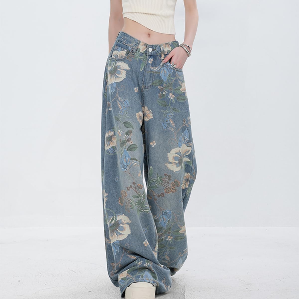 Women's Fashion High Waist Wide Leg Denim Pants Casual Y2K Streetwear Vintage Flowers Printed Baggy Jeans - Image 4