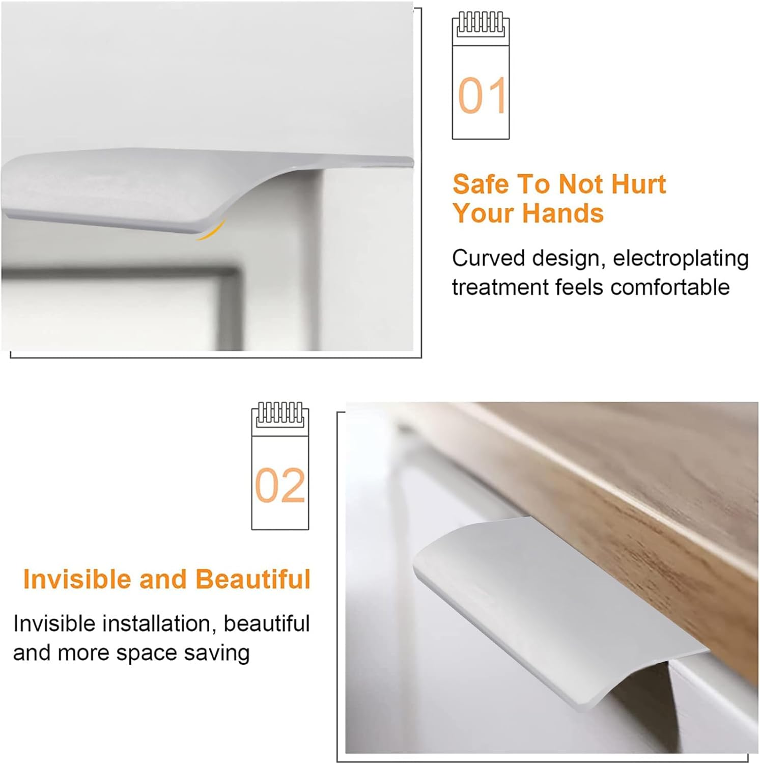 MOROBOR 16 Pack Finger Edge Pulls, Self-Stick Instant Cabinet Drawer Pull Modern Style Drawer Handle Aluminum Alloy Invisible Wardrobe Knobs for Kitchen Bedroom Livingroom, 50mm/Silver