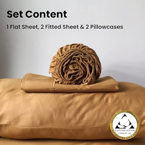 Miniatura 3 de Weddingly Juego de sábanas de 100% algodón egipcio Giza certificado CEA, juego de 4 piezas, sello dorado acreditado, bolsillo profundo, fibra