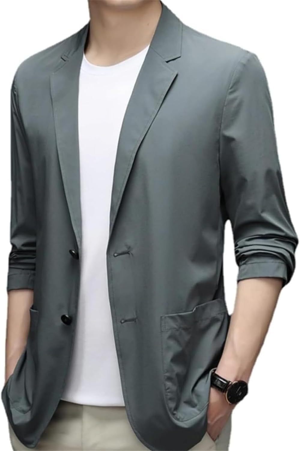 Chaqueta de Traje Fino para Hombre Chaqueta de Traje Informal cómoda Transpirable de Seda de Hielo de Verano a la Moda Chaqueta Fina de Traje de un Solo Botonadura