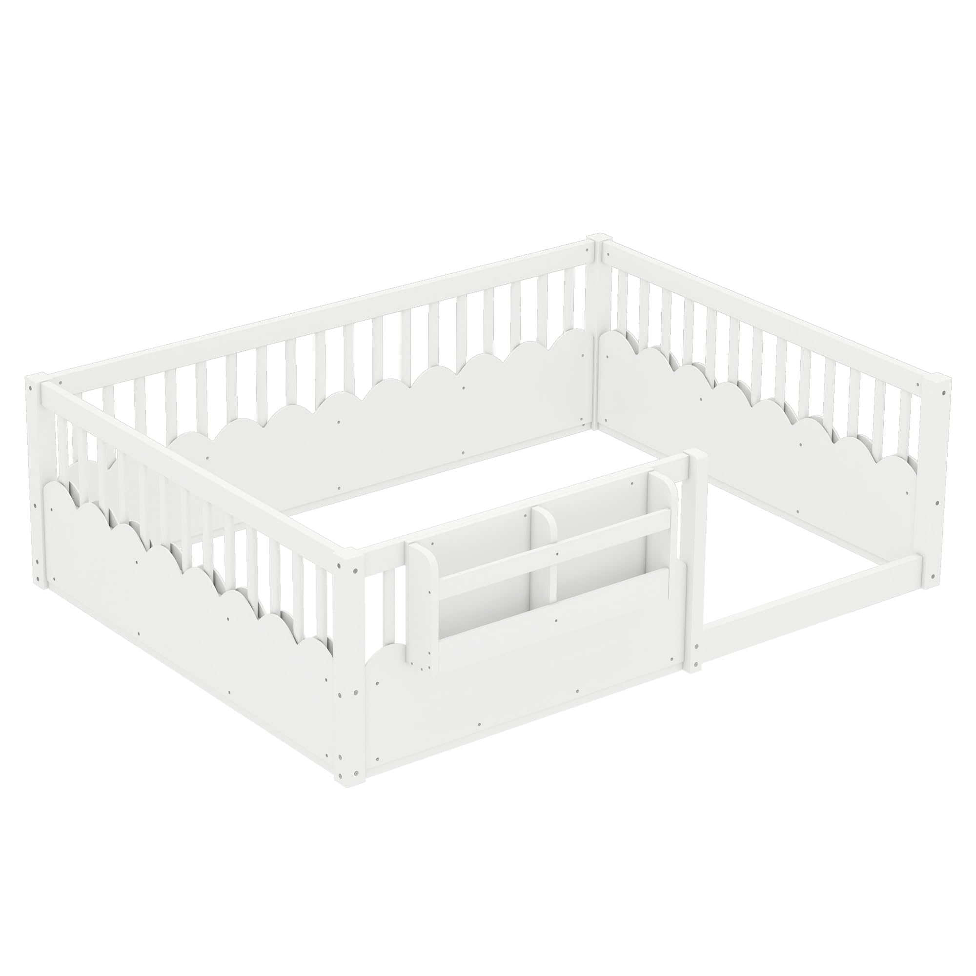 Full Size Floor Bed with Bookshelves, Wood Kids Floor Bed with Upgraded Guardrails and Slats, Montessori Floor Bed Frame for Kids, Boys, Girls, Childlike and No Spring Box Needed Design, White