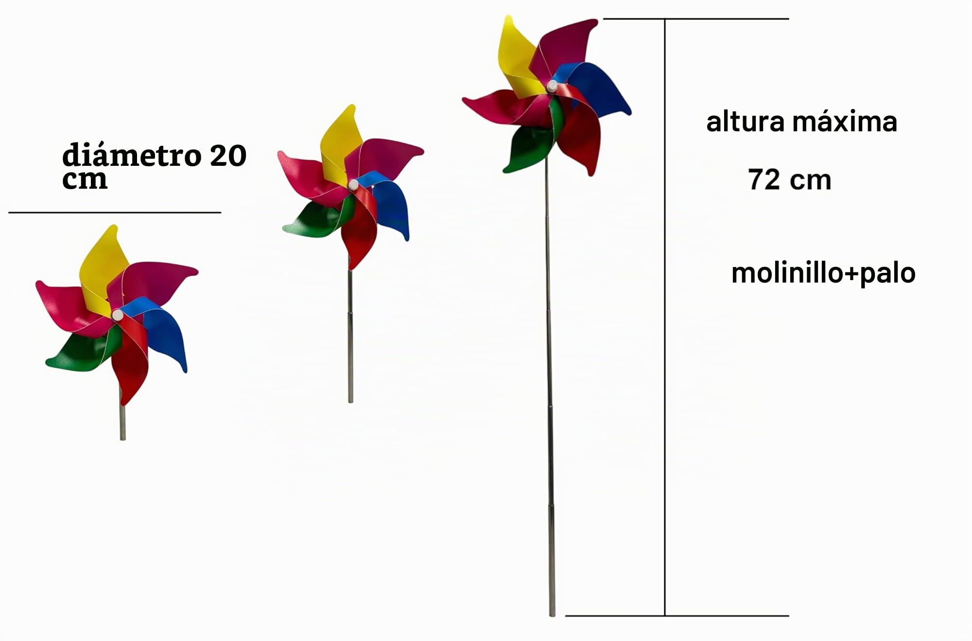 Molinillo de viento generico para jardín, 20 cm de diámetro, extensible hasta 72 cm, metal, colores arcoíris, resistente