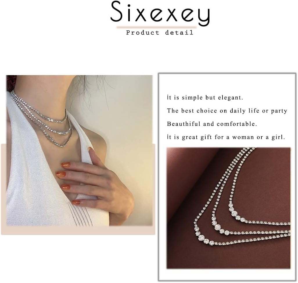 Sixexey Layered Rhinestone Necklaces Silver Crystal Necklace Chains Sparkly Party Necklace Jewelry for Women - Image 6