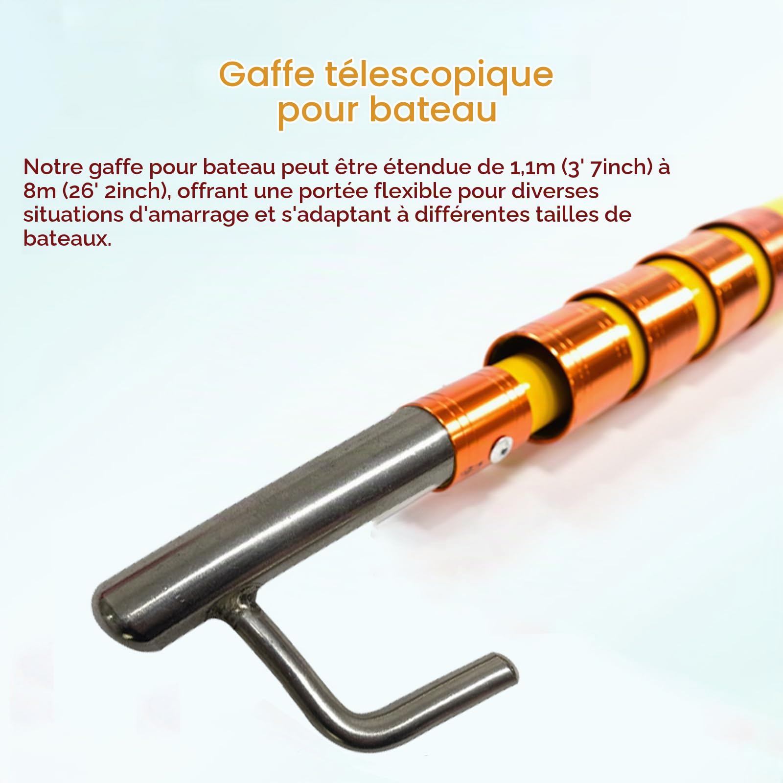 Gaffe Télescopique (4, 5, 6, 8 M), Crochet D'amarrage en Acier Inoxydable, Ouverture De 4,5 Cm, Pliable Et Facile À Ranger, pour Sauvetage, Poussée, Traction Et Navigation,L 6m (19' 7inch)