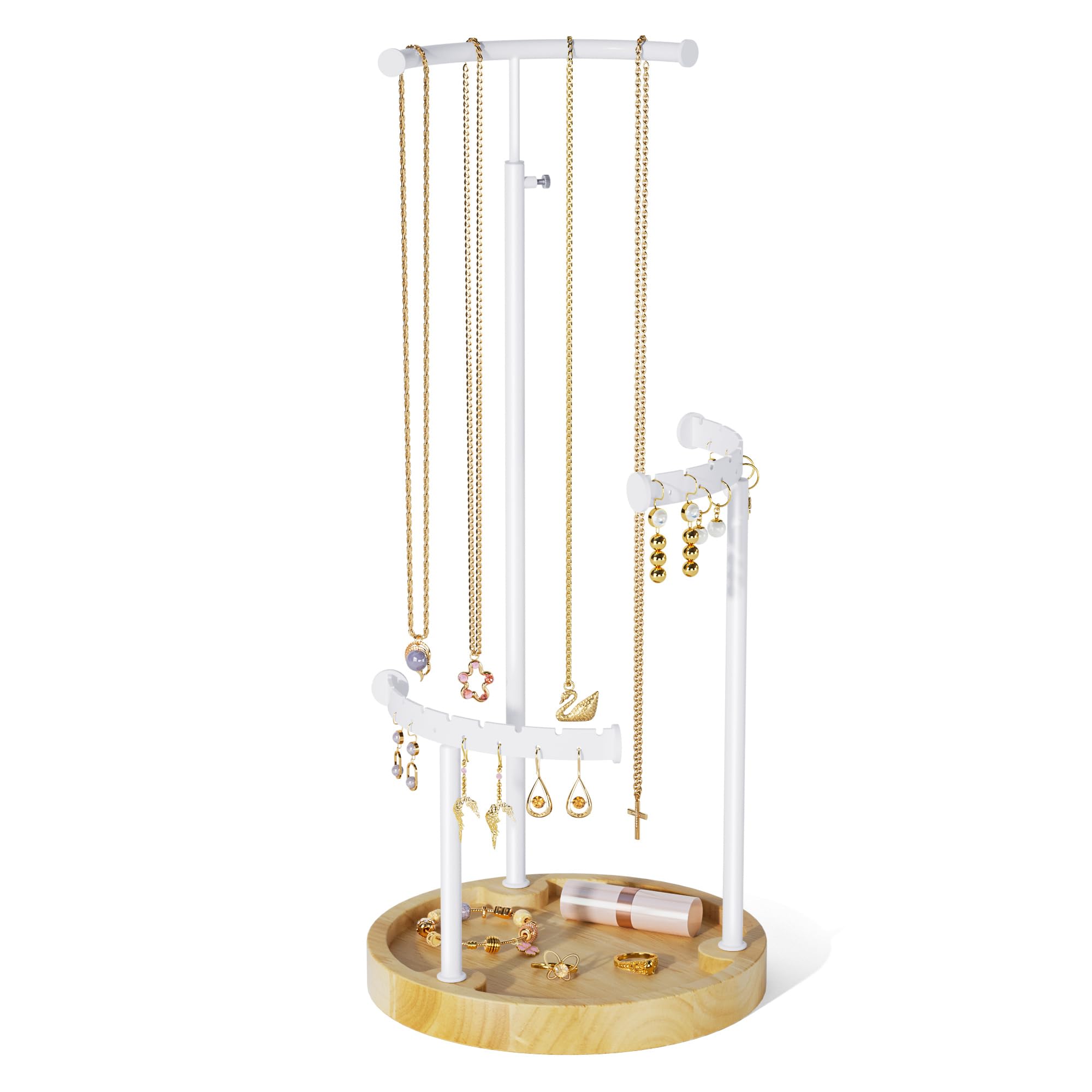 Love-KANKEI Jewelry Organizer Stand,Unique Arc Design Necklace Holder with Solid Wood Base,Jewelry Holder Stand for Display Bracelets Earrings Rings,Adjustable Height Gift White