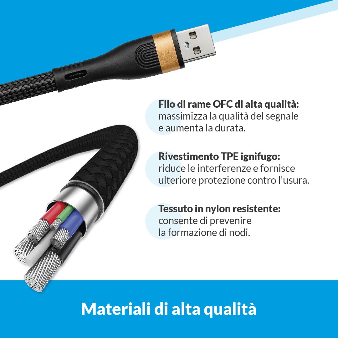 Cavo di Ricarica 3 in 1 in Nylon 100W, Cavo USB-C con Tre Connettori per Dispositivi Compatibili iOS e Android, Ricarica Rapida (Nero/Verde)