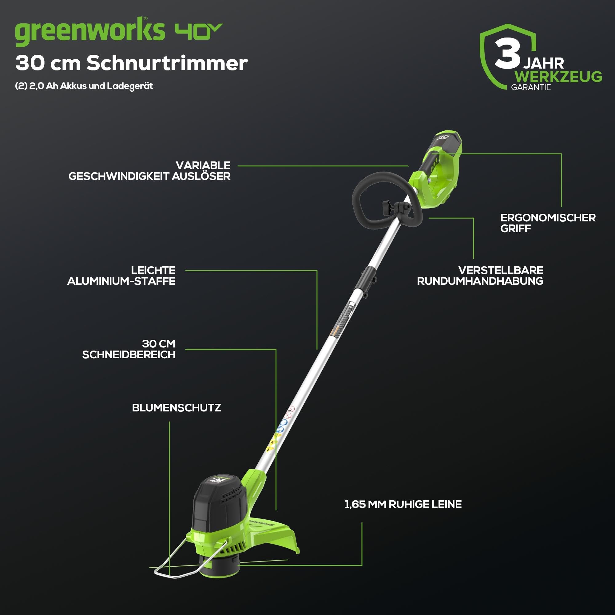 Greenworks 40V Akku Rasentrimmer für mittelgroße Gärten, höhenverstellbar, 30 cm Schnittbreite, automatischer Vorschub 1,65 mm Nylon Faden, zwei 40V 2Ah Akkus & Ladegerät, 3 Jahre Garantie G40LTK2X