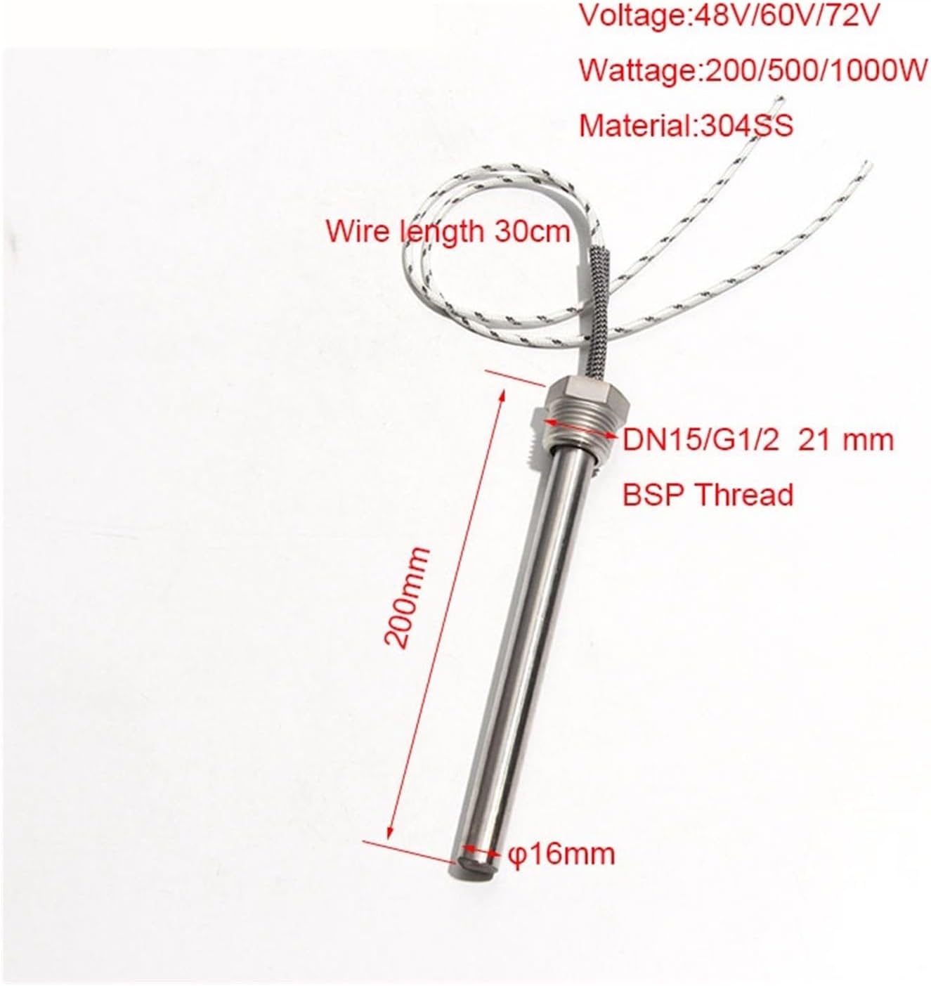 Single Head Threaded Heater Low Voltage 48V/60V/72V Electric Immersion Thread Catridge Heater DN15/21mm 16x200mm Wattage 200W/500W/1000W 1pc(72V_DN15 16X200MM 1000W)