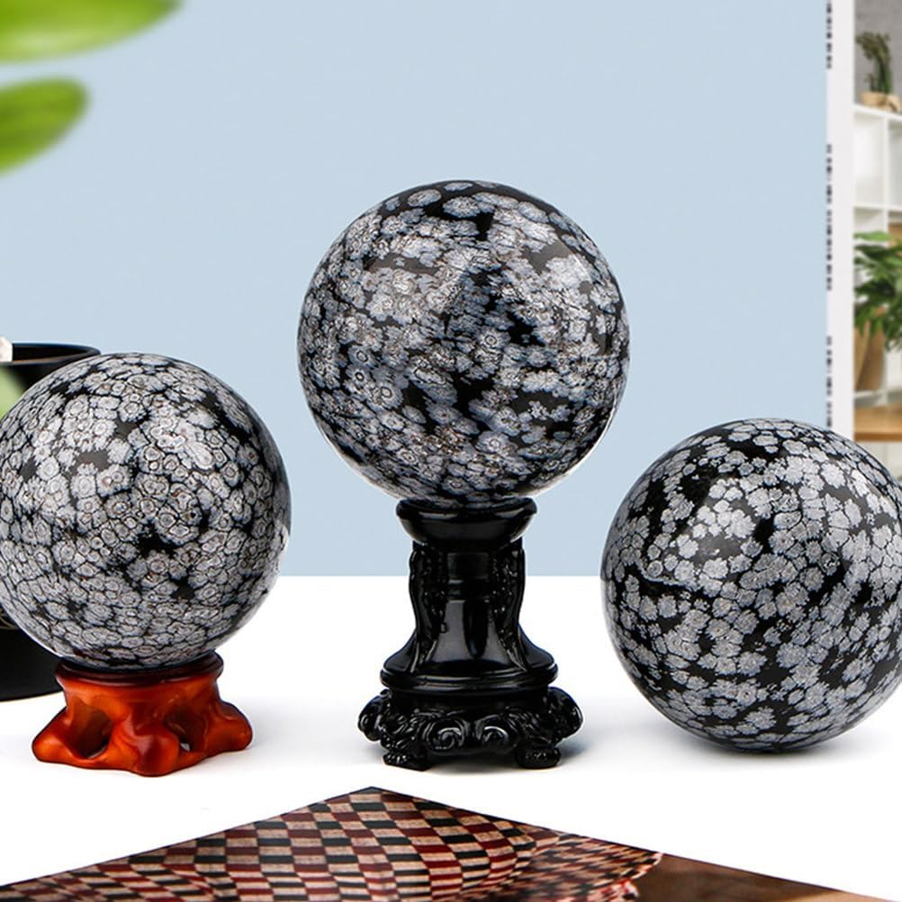 Crystal Gemstone Snowflake Obsidian Ball Stone Crystal Ball Divination Sphere for Home Office Decor
