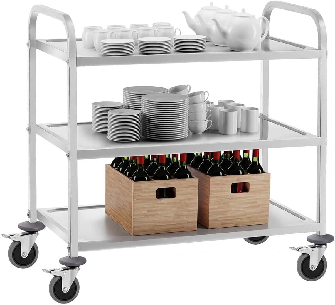 uyoyousLarge Stainless Steel 3 Shelf Utility Service Cart 37.4x19.7x37.4 Inch Kitchen Island Trolley Catering Storage Cart with Locking Wheels for Hotels Restaurant Home Use,330 lb. Capacity