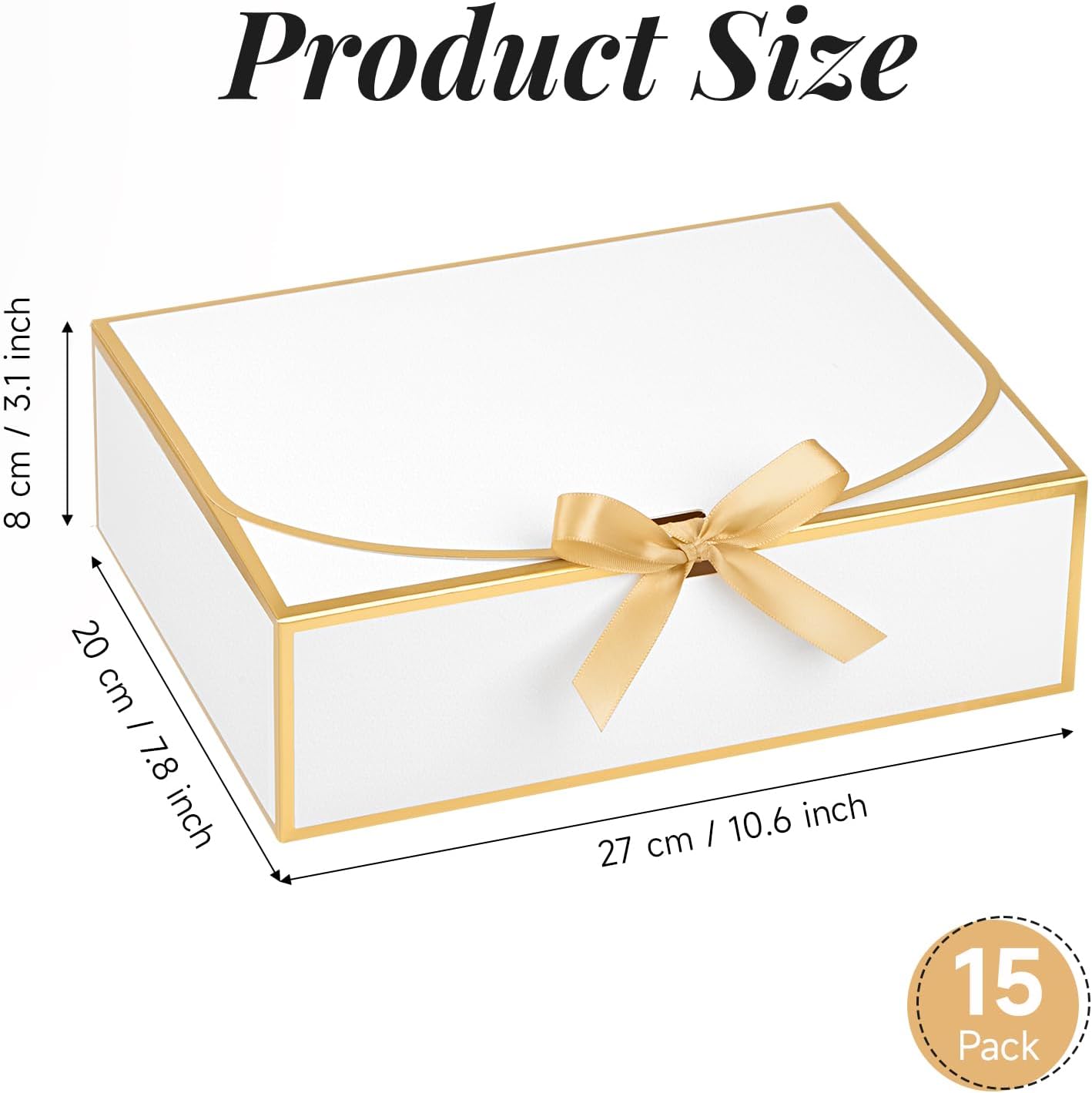 Kucoele Gift Boxes with Lids, White, 15 PCS, 10.6 x 7.8 x 3.1 Inches | with Gold Trim, with Ribbons, Bridesmaid Groomsman Proposal Boxes, For Weddings, Birthdays, Parties & Bridal Shower