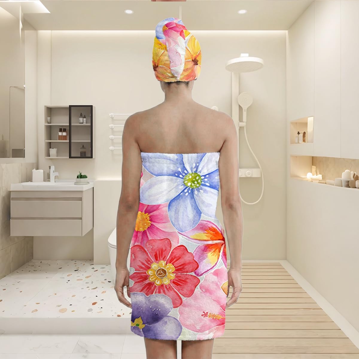 Women's Floral Bath Wrap & Hair Towel Set - Soft Microfiber Spa Body Wrap with Snap Buttons, Absorbent Adjustable Shower Towel with Drying Turban for Gym, Sauna & Dorm (Floral 8)