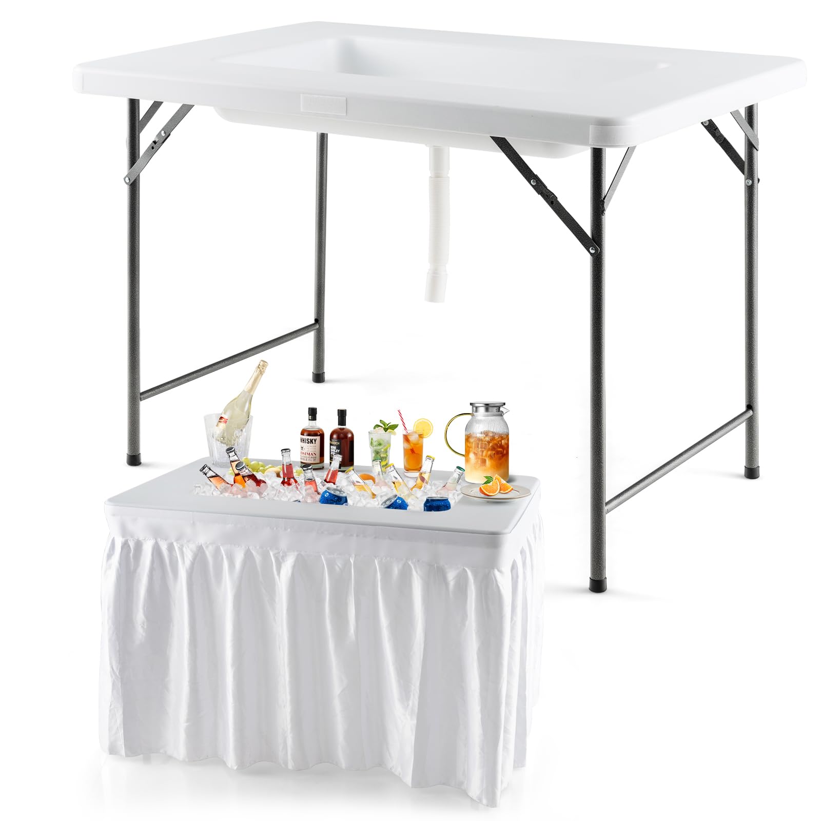 S AFSTAR 4 Foot Folding Ice Table, Buffet Salad Serving Table with Removable Skirt, Drain System & 8" Spacious Edge, Portable Beverage Cooler for