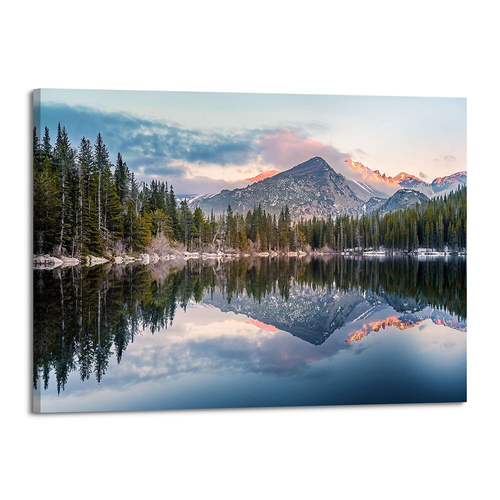 Mountain Lake Canvas Wall Art: Woodland Picture Landscape Painting Nature Forest Scenery Reflection Artwork Rustic Pine Tree Scenic Print Wilderness Photography for Bedroom Living Room Home Office
