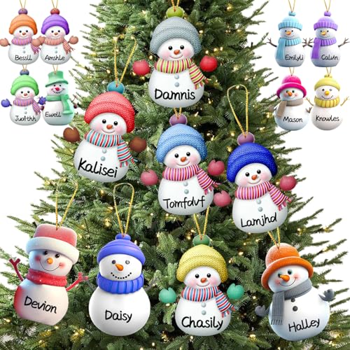 16Pcs Snowman Christmas Tree Ornament Crafts (3.15inch), Personalized Family Name Acrylic Christmas Ornaments Hanging Decorations for Xmas Tree Party Holiday Decors (1- Acrylic Snowman)