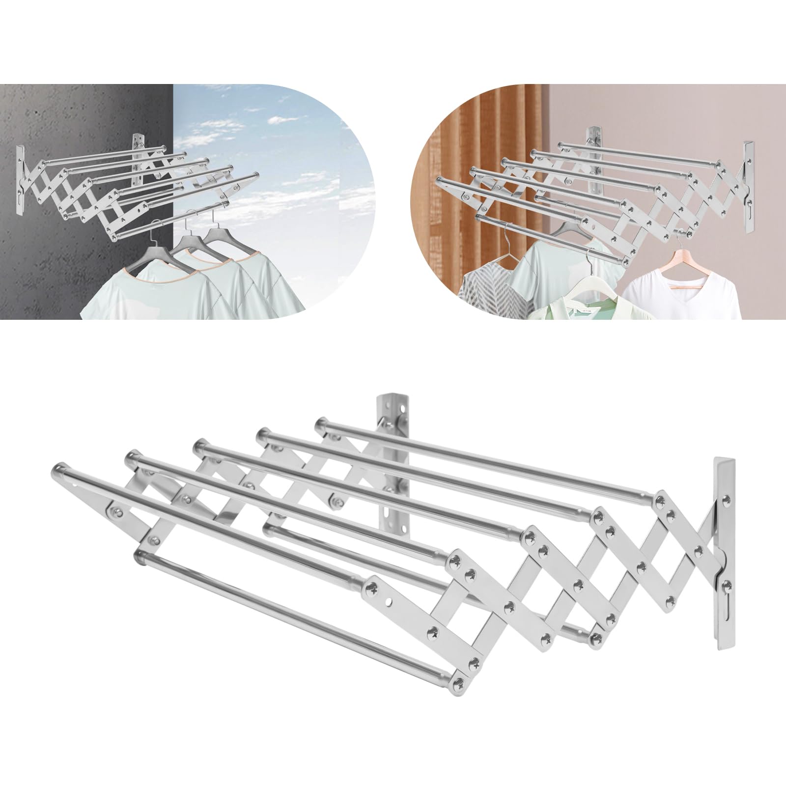 Séchoir à linge mural extensible 42 à 80 cm en acier inoxydable avec 7 barres, pour buanderie, salle de bain