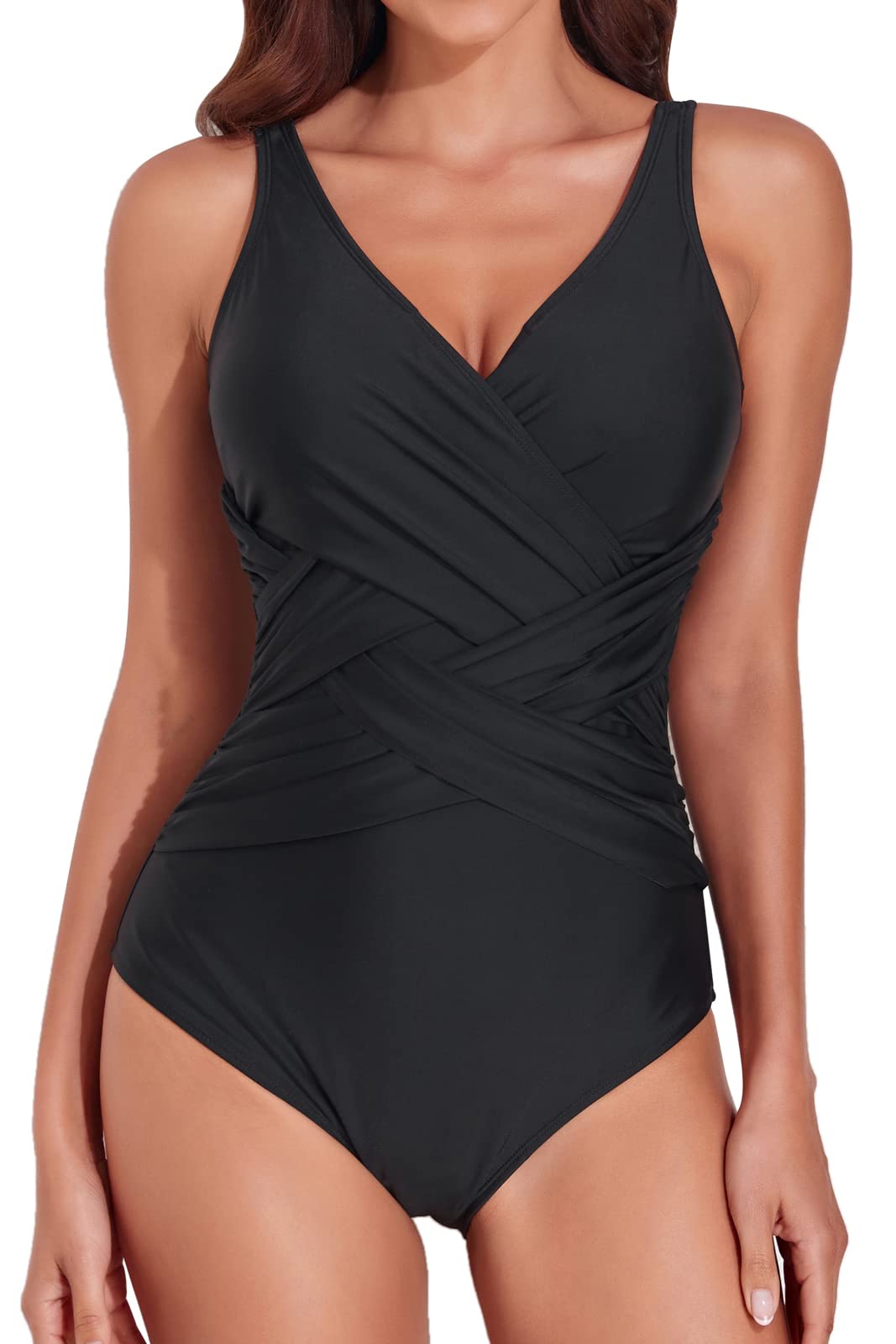 SmismivoTummy Control Swimsuits for Women Slimming One Piece Bathing Suit Push Up Ruched V Neck Full Coverage Swimwear