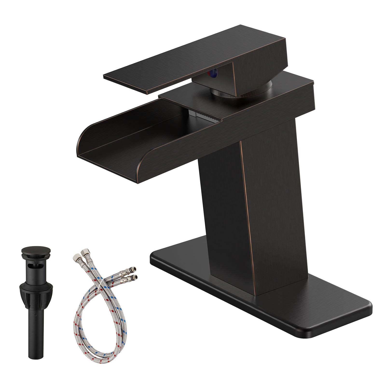 Oil Rubbed Bronze Bathroom Faucet Waterfall for Sink 1 Hole with Pop Up Drain Assembly with Overflow 1 Handle Antique Vanity Basin Lavatory Mixer Tap Supply Line Lead-Free