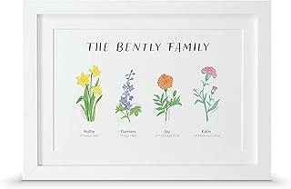 Personalised family birth flower gift print (A4-30x21cm, Print & Standard Frame)
