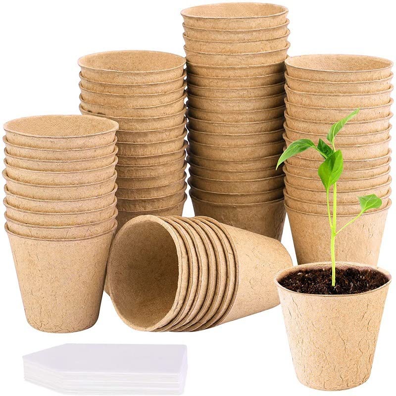 BFGLLY50 Pcs 8cm Fibre Plant Pots, Biodegradable Seed Pots, Round Seedling Pots with 20 Plant Labels for Growing Vegetables, Fruit, Herb, Flower